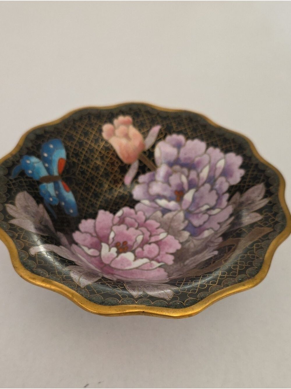 Vintage Chinese Cloisonne Enamel Bowl Scalloped Edge In Original Box Chinoiserie